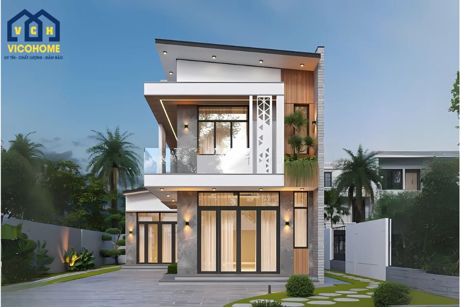 nhà khung thép 2 tầng đẹp ở nông thôn