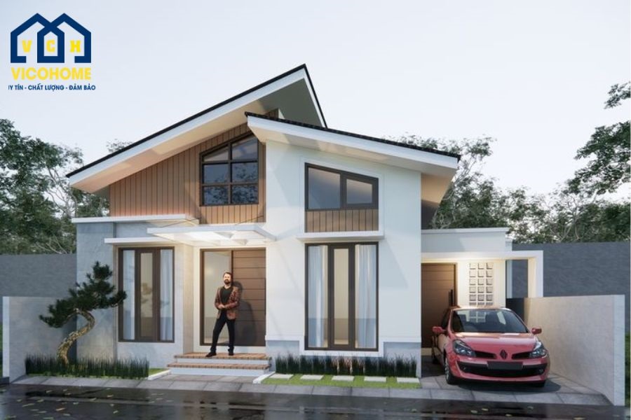 nhà mái lệch 1 tầng gác lửng