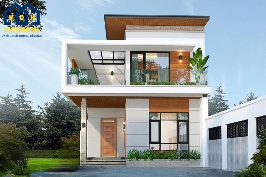 nhà vuông 2 tầng mái bằng hiện đại