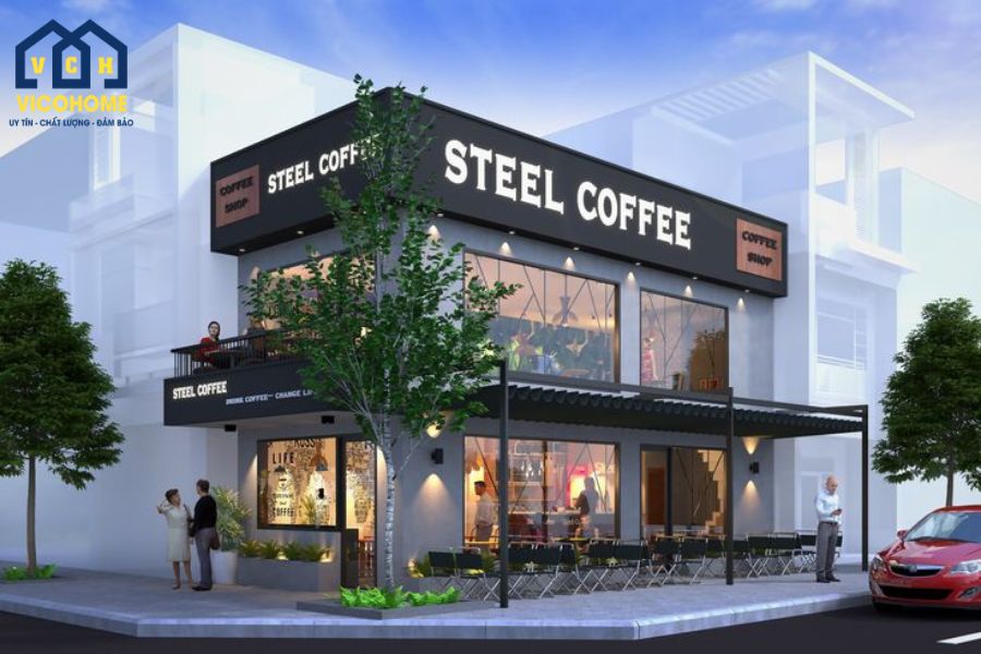 quán cafe khung thép tiền chế 2 tầng